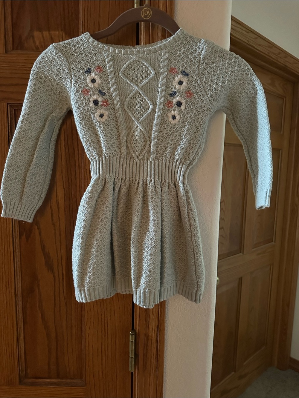 Little Lass Girls' Light Blue Knit Sweater Dress with Floral Embroidery